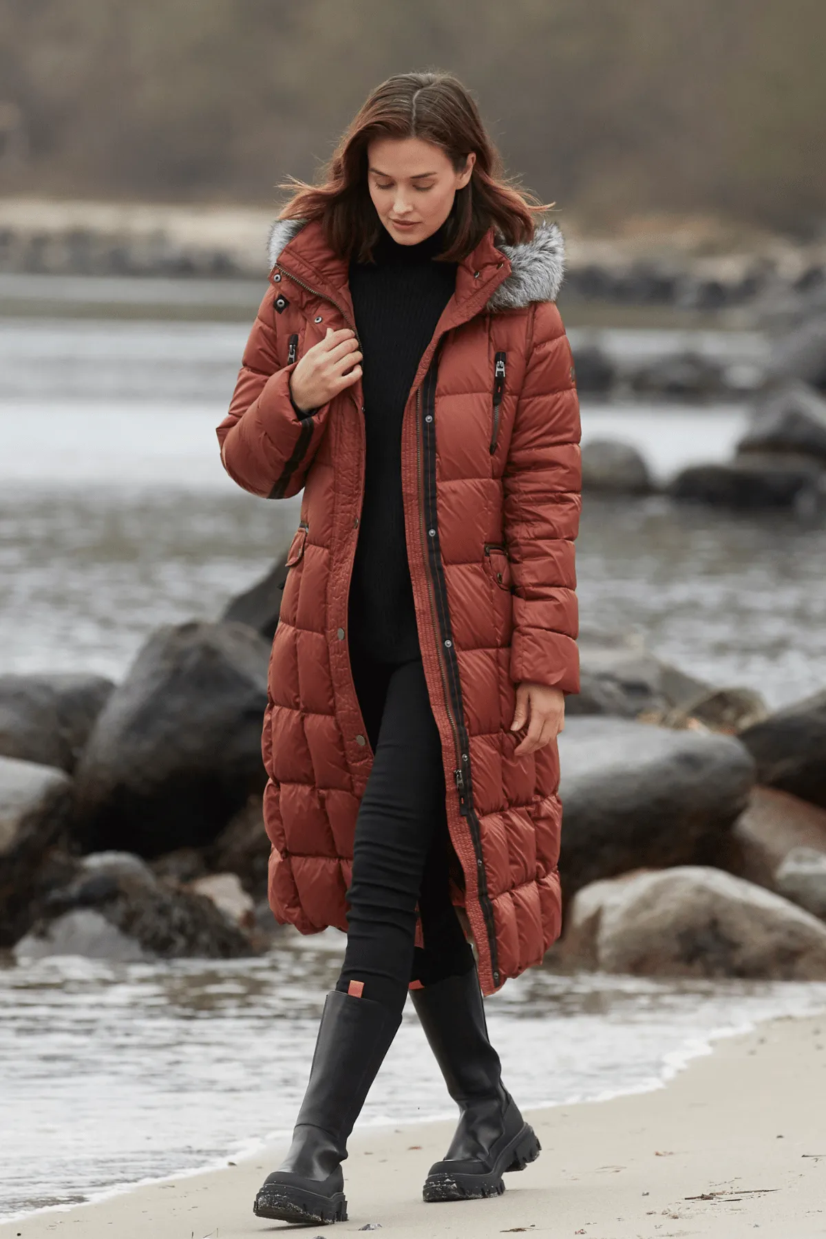 BETTY Full-Length Down Coat with Fur Trim Hood 1060