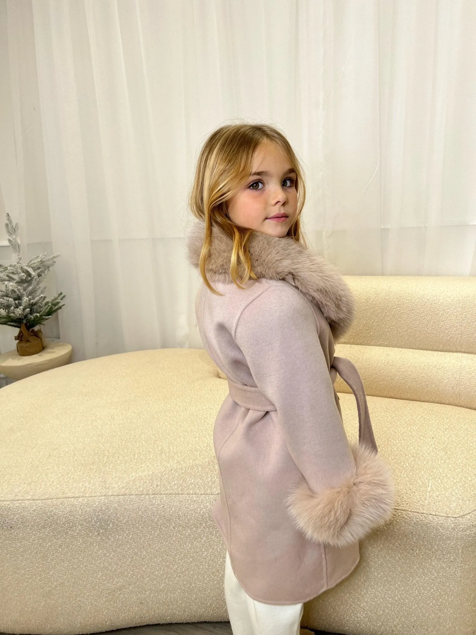 Childrens Latte Luxury Fur Cashmere Coat