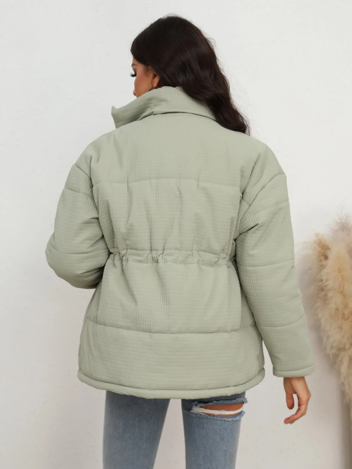 Drawstring Waist Zip-Up Fahsion Puffer Jacket