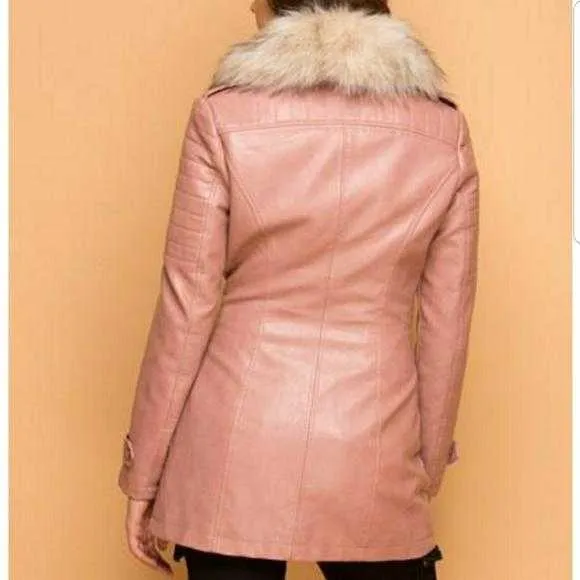 Faux Leather Coat Fur Collar