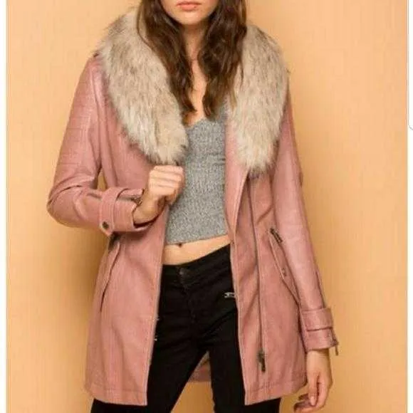 Faux Leather Coat Fur Collar