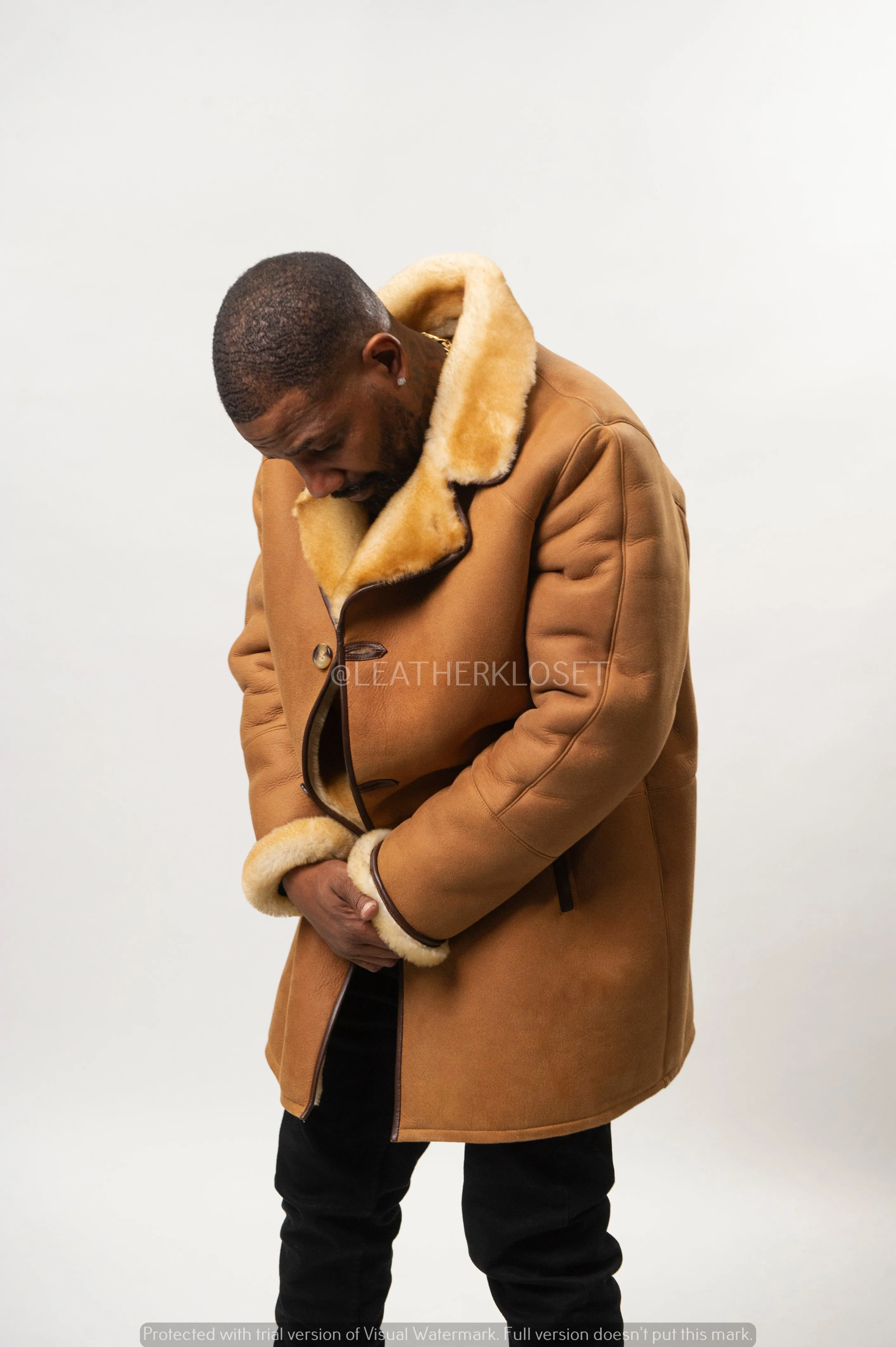 Men's Sheepskin Shearling Car Coat [Tan]