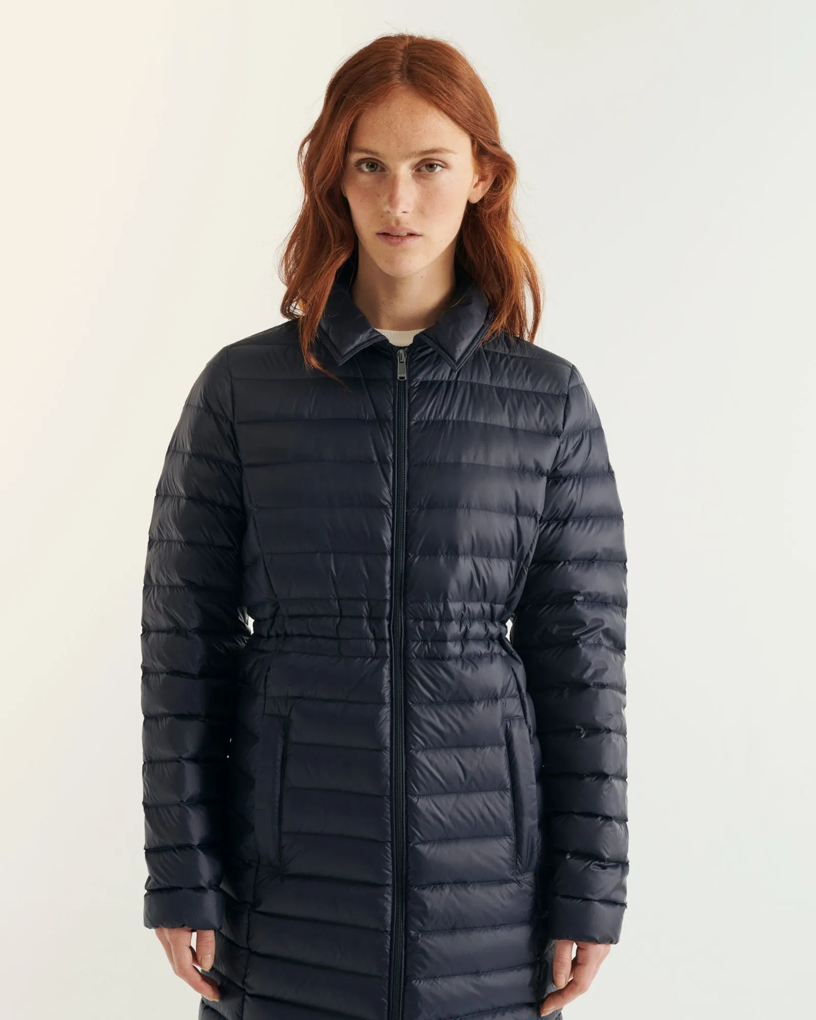 Navy Vero long hooded puffer jacket