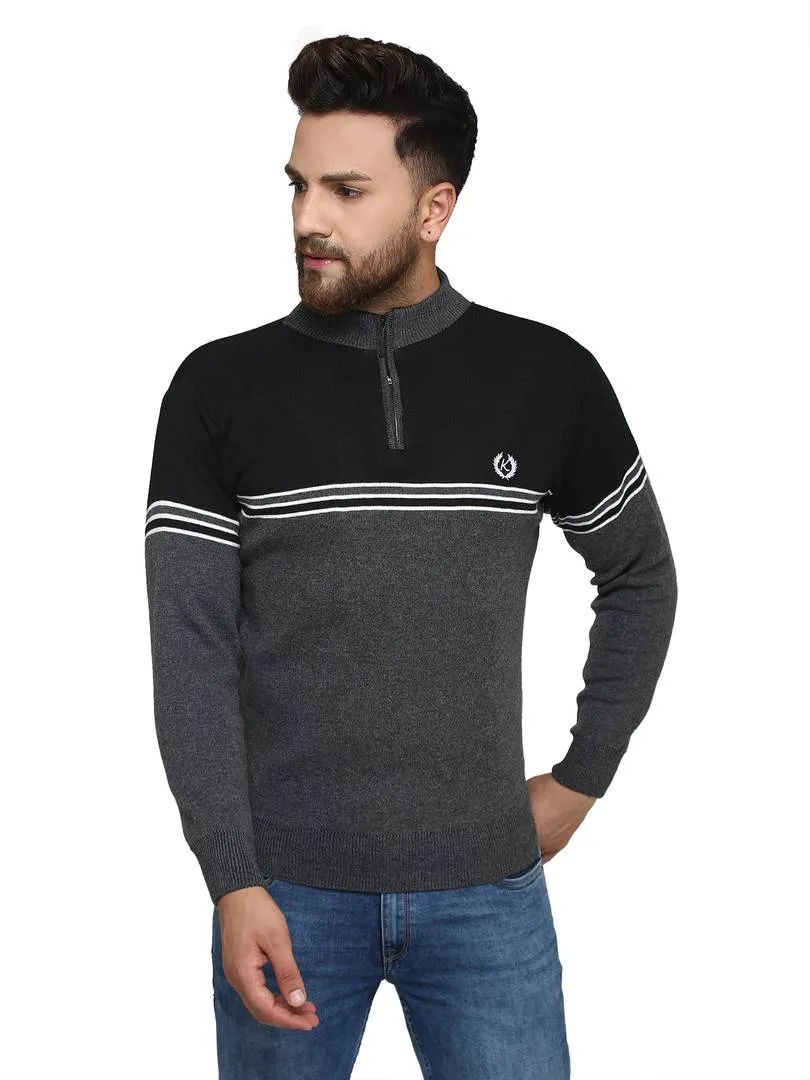 Striped Grey Synthetic Long Sleeves Turtle Neck  Sweaters